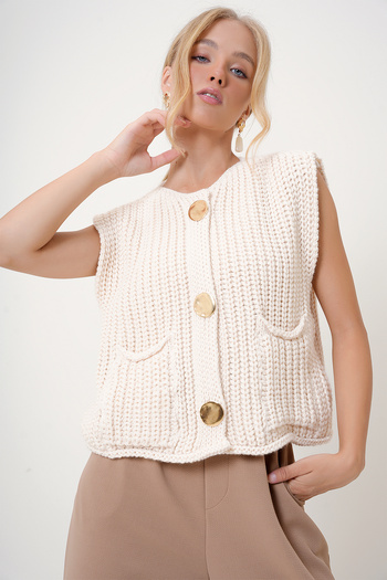Trend Alaçatı Stili Vestă tricotată pentru femei - auriu crem, nasturi, buzunare duble, ALC-X12779
