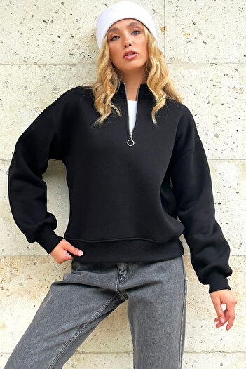 Trend Alaçatı Stili Černá mikina Crop se 3 vlákny – stojáček a stuha na zip Alc-X12757