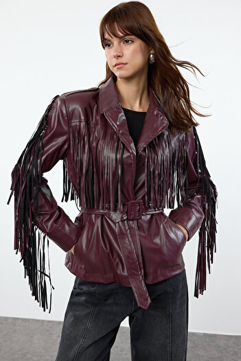 Trendyol Collection Claret Red Faux Leather Coat with Belt and Tassel Detail, Regular Fit Twoaw25Mo00227