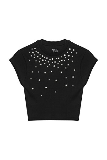 Quzu Black Corded Crop Blouse - with Stone Accessories