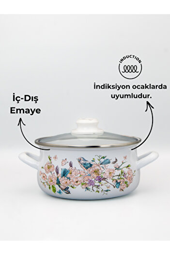 Bonera 20cm Bird Patterned - Single Enamel Casserole Pot with Glass Lid