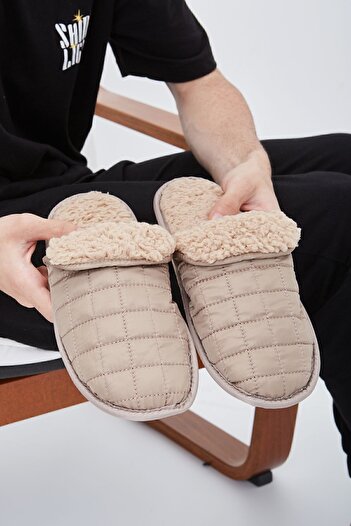 Moda Devrin Μπεζ Αλεξίπτωτο Υφασμάτινη Γούνα Εσωτερικές Παντόφλες Σπιτιού Χειμερινές Παντόφλες