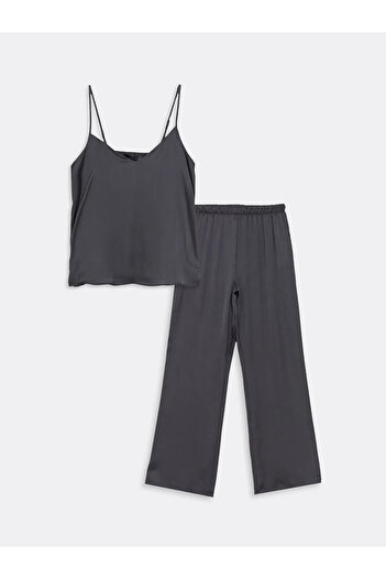 LC Waikiki LCW DREAM Antrasit V Yaka Düz Askılı Saten Kadın Pijama Takımı