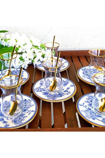 GÖNÜL Blue Blanc 6 kişilik 18 parça çay seti çay takımı