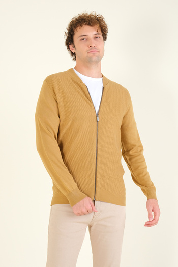Giyim Dünyası Men's Mustard Cardigan - Prevailing Collar, Honeycomb Knit, Zippered
