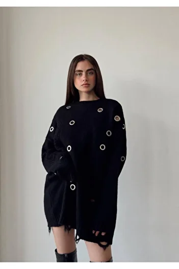 İLKCET MODA Oversize Hole Detail Tunic Sweater