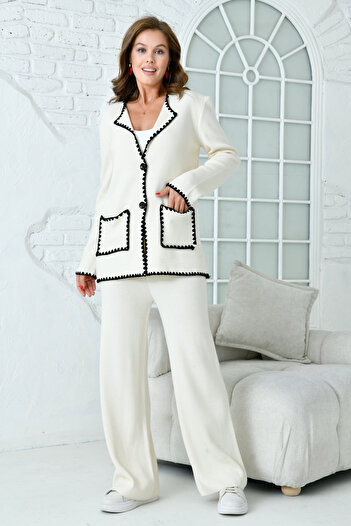 WOMAN VISION Ecru Knitwear Cardigan Set - High Waist, Buttoned Pocket, Long Sleeve and Jacket Collar 1039