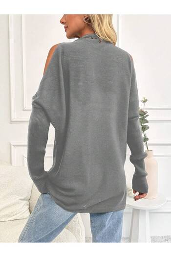 AQE FASHION Pulover de damă gri cu detaliu fereastră pe umăr