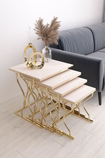 Puklife Hayal 4'lü Kare Zigon Sehpa Seti Gold Ayak, Krem Mdf