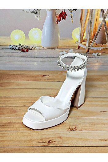 Modavien Kadın 10 Cm Platform Beyaz Taşlı Gelin Ayakkabısı
