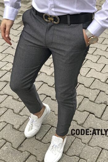 DOPPİO'N DENİM Men's Anthracite Slim Fit Flexible Lycra Linen Trousers