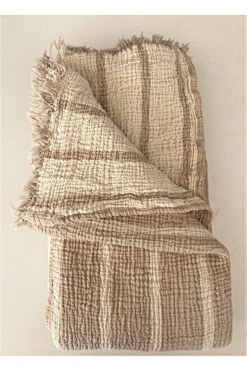 YASEMİNİNEVİ Single Muslin Bedspread - Striped Mink Pique Set (1 Pillow Case)