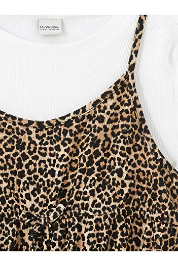 LC Waikiki Lcw Kids Ecru Leopard Print Girls' Dress and T-Shirt