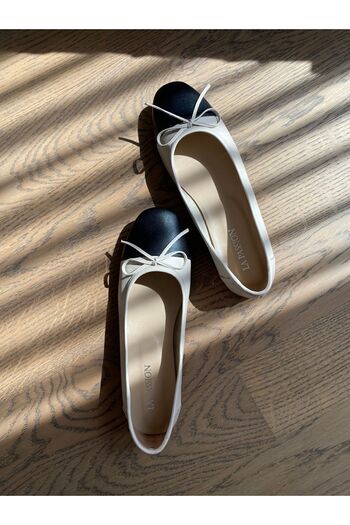 LA PASSION Women's Genuine Leather Ballerinas Beige Black, Double Colored Bow Women's Ballerinas