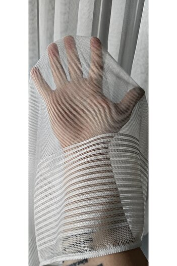 Yuka 1/3 Close Pleat Tulle Curtain with Horizontal Stripes and Silver Stripes - Non-Wrinkle and No Ironing