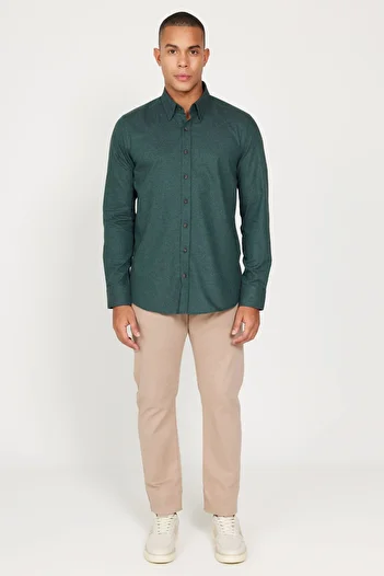 ALTINYILDIZ CLASSICS Dark Green Slim Fit Flannel Oxford Shirt - Hidden Button Collar, Slim Fit