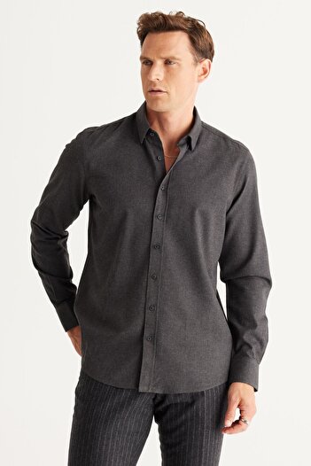 ALTINYILDIZ CLASSICS Erkek Antrasit Pamuklu Flanel Oxford Slim Fit Dar Kesim Gizli Düğmeli Yaka Gömlek