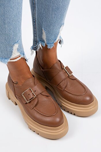 Manijero Gloria Women's Genuine Leather Loafer Belted Buckle Tan Shoes