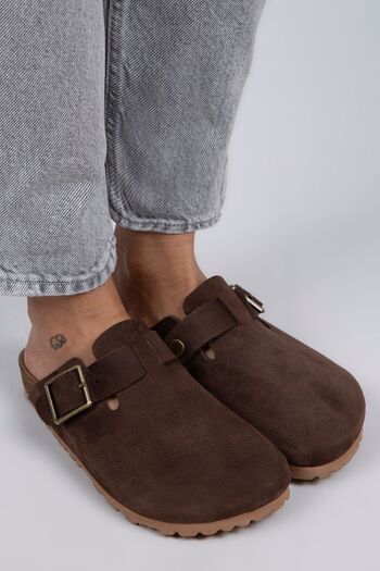 Manijero Zeta Women's Genuine Leather Belted Buckle Dark Brown - Oxide Slippers