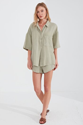 Manche Müslin Kadın Oversize Gömlek | Olive MKS166965-01