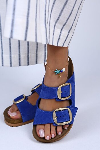 Manijero Irene Genuine Leather Double Buckle Blue Slippers