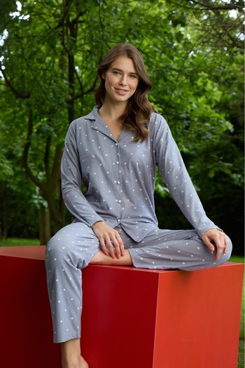 MEBA Suede Women's Pajama Set - Buttoned Front and Polka Dot