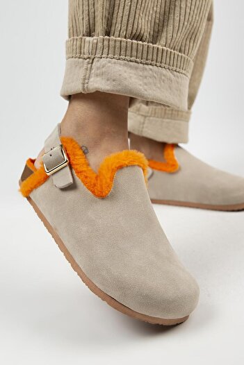 Manijero Holly Furry Women's Genuine Leather Furry Genuine Leather Belt Buckle Beige- Orange Sandals