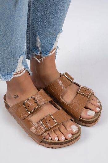 Manijero Croco Women's Genuine Leather Double Buckle Crocodile Tan Slippers