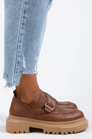 Manijero Gloria Women's Genuine Leather Loafer Belted Buckle Tan Shoes