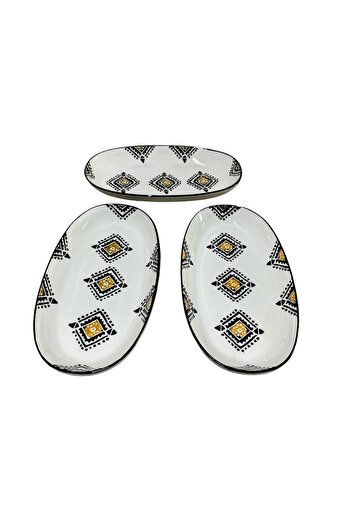 MTD SERAMİK 27 Cm Kilim Patterned Boat Plate - 3 Pieces