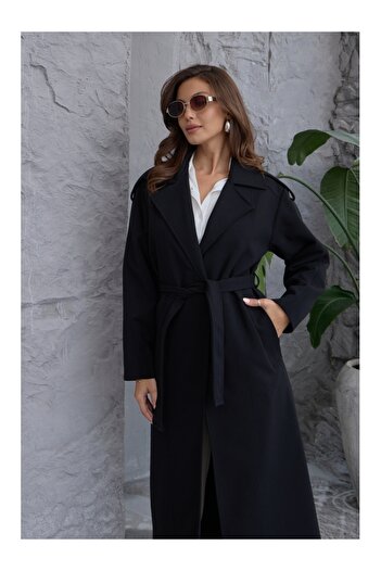 Elif Özbey Butik Black Premium Belted Epaulettes Trench Coat