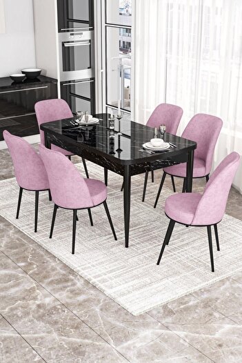 Canisa Concept Via Serisi 80x132 Açılabilir Mutfak Masası Takımı Siyah Mermer Desen Masa 6 Pembe Sandalye
