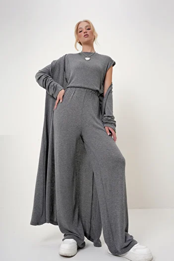 Trend Alaçatı Stili Dark Gray Padded Blouse, Trousers and Cardigan Set for Women - Alc-X4710