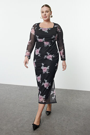 Trendyol Curve Flexible Square Collar - Black Tulle Floral Maxi Pencil Dress