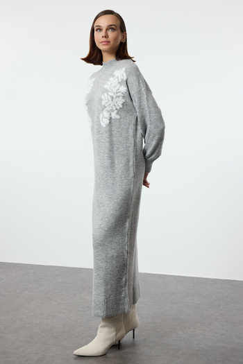 Trendyol Modest Jacquard Gray Knitwear Dress - Stand Collar Tctaw25Eb00050