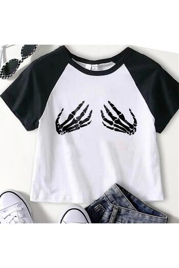 Aesthia MINGALONDON White Crop Top - Skeleton Hands Printed, Raglan Sleeve