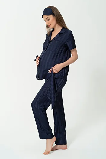For You Mama 5-Piece Jacquard Navy Blue Maternity Pajama Set
