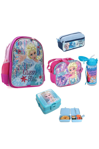 Frozen Elsa Licensed Set of 5 - School and Lunch Box, Water Bowl and Pen Holder Container
