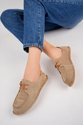 Deripabuc Genuine Leather Beige Suede Women's Leather Loafer Dp77-0602