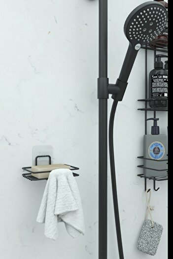 zabata Yapışkanlı 2 li Set Sabunluk Banyo Mutfak Lavabo Metal Katı Sabunluk Siyah