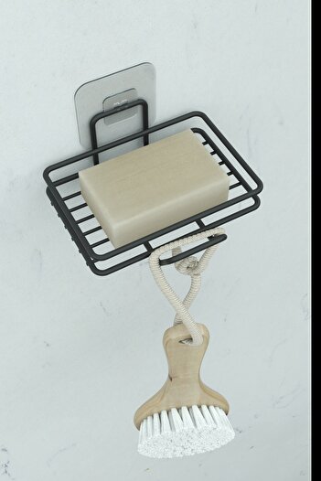 zabata Yapışkanlı 2 li Set Sabunluk Banyo Mutfak Lavabo Metal Katı Sabunluk Siyah