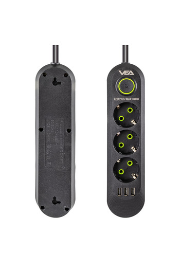 Light up Vea Va-21557 3 قطع USB 1.5 متر كابل أسود مجموعة مقابس محمية بالتيار