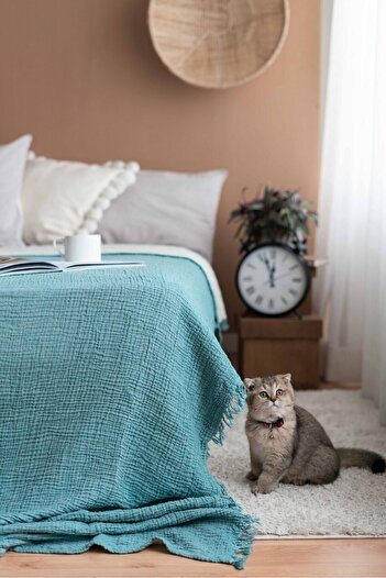YASEMİNİNEVİ Turquoise Muslin Single Bedspread - Pique Set with 1 Pillowcase