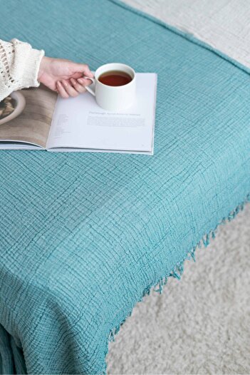 YASEMİNİNEVİ Turquoise Muslin Single Bedspread - Pique Set with 1 Pillowcase
