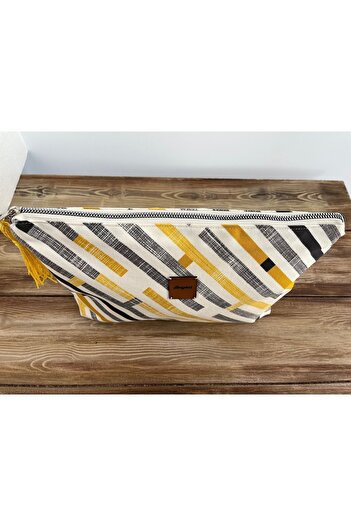 Bright3 Sarı Siyah Çok Renkli  Clutch , Portföy, El Yapımı, Astarlı,Fermuarlı, Püskül Aksesuarlı Çanta
