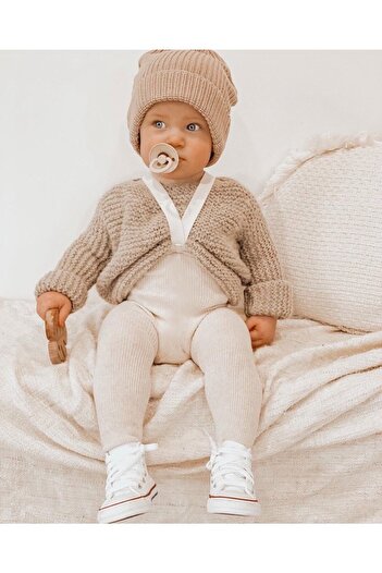 Sparrow Laurel Beniz Kids Ecru High Waist Adjustable Strap Ribbed Baby Leggings