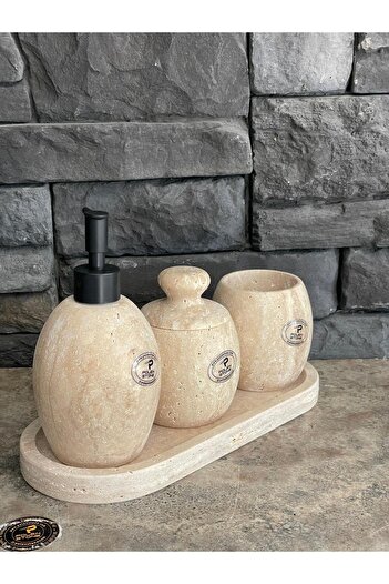 Polen Stone Bej Traverten Oval Model  Banyo Seti,Pamukluk, Diş Fırçalık, Sıvı Sabunluk, Oval Tepsili