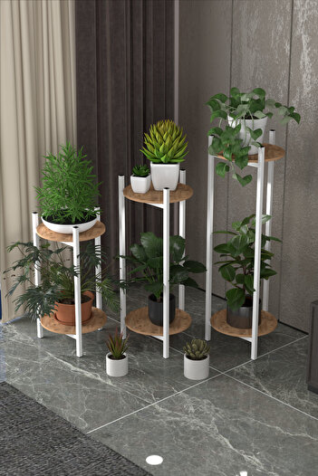 Retodesign 3 Lü Metal Yuvarlak Beyaz Çiçeklik Seti . Saksılık . 1490