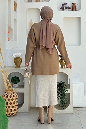 Bym Fashion Mink Knitwear Cardigan - Patterned, Stone Detailed and Waist Belted 12044
