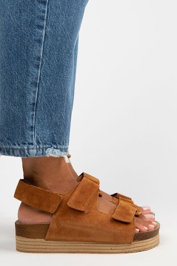 Manijero Emilia Women's Genuine Leather Double Velcro Tan Sandals